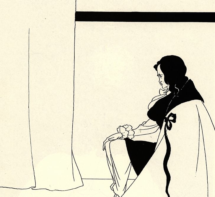 'The Fall of the House of Usher,' an illustration by Aubrey Beardsley from 1894. While beautiful, Beardsley's image notably depicts Usher in an isolated, minimalist context devoid of the non-human life present in Poe's story. Credit: WikiMedia