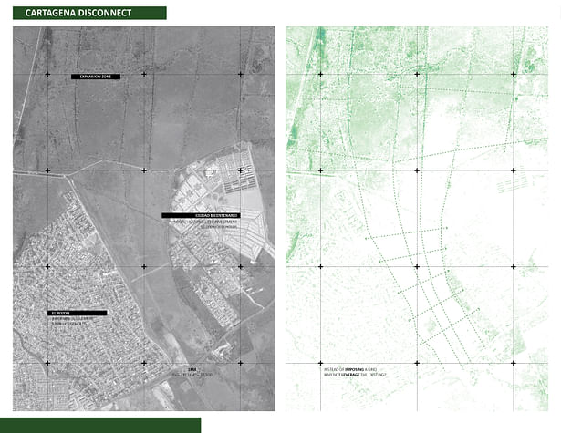 Cartagena contrasts. Existing community of informal settlement and social housing projects are in complete isolation. Dryfo Urbanism leverages the existing vegetation of the grazing land to establish the urban framework and stitches the two communities together