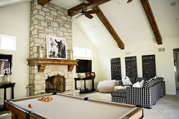 View of the beautiful stone fireplace and timber beams