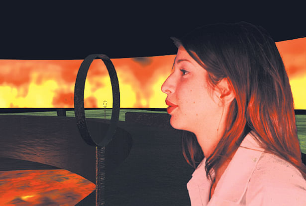 A visitor blows into the interactive ring and the perimeter flames increase in size.