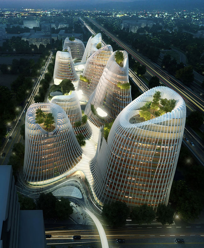 After sweeping architectural contests in Rome and Paris, Ma was invited to outline a master plan for a 200,000-square-meter commercial and retail project in Amsterdam's Zuidas business district. He unveiled architectural drawings for structures that resemble a cluster of crater-tipped mountains. Echoing Taoist paintings of peaks and pagodas, its volcano-shaped towers will be linked with a meandering series of courtyards, waterways, and pavilions that organically unite the complex. (Caption...