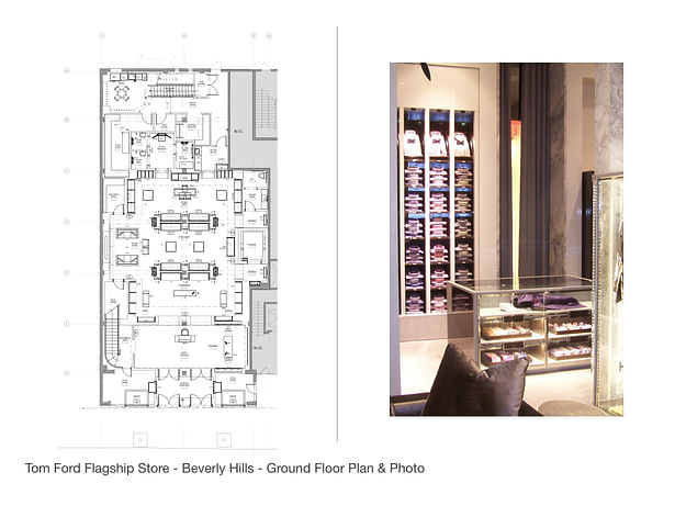 Plan of Men's Ground Floor Retail Area and photo of finished casegoods and stone panels