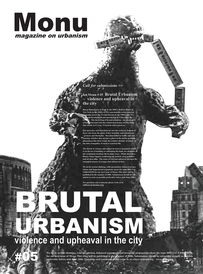 Godzilla versus the City in the call for submissions for MONU #05 Brutal Urbanism: Violence and Upheaval in the City. Poster © MONU