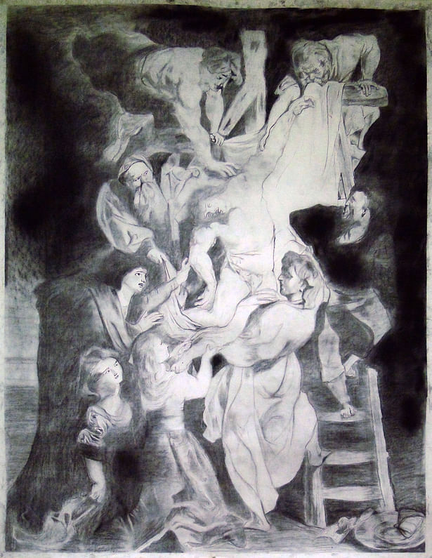 Copy of 'Descend from the Cross' by Peter Paul Ruben, 36'' x 72'', charcoal