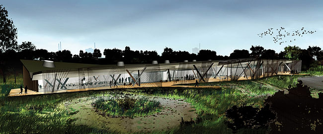 Acknowledgement Prize: Environmental center and bird-watching facility using recycled materials, Chicago, IL by Jeanne Gang, Studio Gang Architects, Chicago, IL: Built on a damaged site once used for steel production, the project is built like a nest, reusing nearby and available materials from local scrap and salvage suppliers.