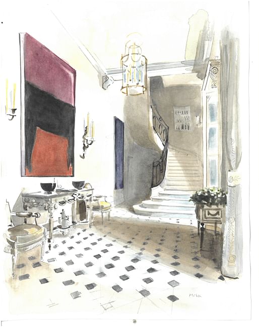 Mita Corsini Bland, Hotel de Luzy, Schlumberger Residence, Paris, 2022. Valerian Rybar, designer. Watercolor on paper. Image courtesy New York School of Interior Design (NYSID)