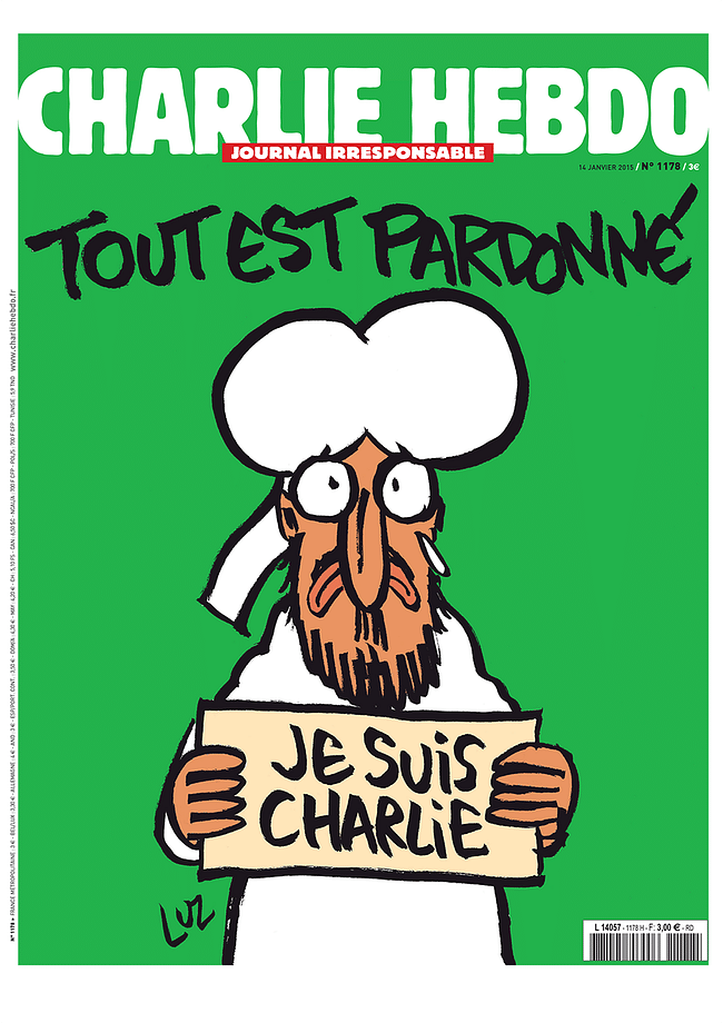 This was the cover of Charlie Hebdo following the terrorist attack on their headquarters in Paris earlier this year. Credit: Charlie Hebdo