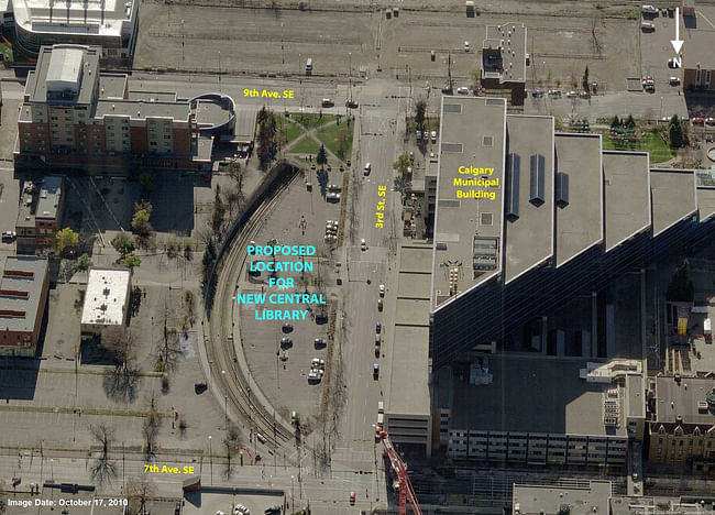After rigorous analysis for potential sites, Block 127--a block within East Village--was approved as the location of the new Central Library. The Calgary Public Library Board recommended the site and it was approved by the City Council in July 2011. (Image via calgarynewcentrallibrary.ca)