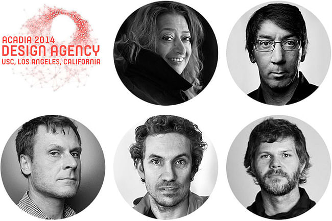 Zaha Hadid among keynote speakers at ACADIA 2014: DESIGN AGENCY – Registration now open: Confirmed keynote speakers at ACADIA2014: DESIGN AGENCY conference at the USC School of Architecture in Los Angeles: Zaha Hadid; Will Wright; Casey Reas; Marc Fornes; Greg Otto (clockwise from top center). Image courtesy of ACADIA2014