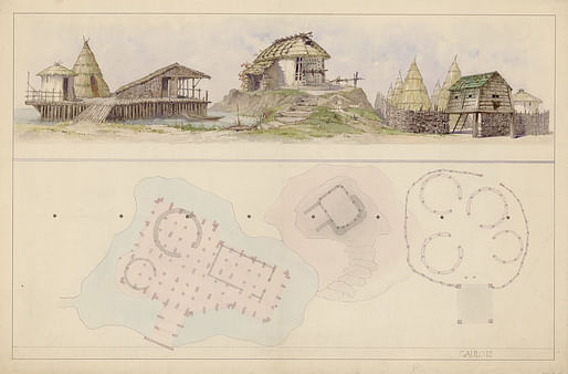 Charles Garnier, Preparatory Watercolor of the Waterside, Iron Age, and German dwellings for History of Human Habitations, ca. 1888, Paris, France. Courtesy of the Bibliothèque nationale de France.