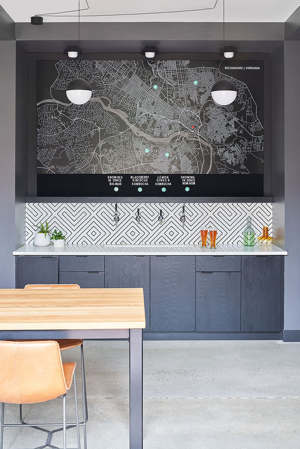 Custom-designed bar that celebrates the agency’s Richmond roots, complete with rotating taps of local brews and a large interactive map that indicates where the beverages are made within the city. Image Credit: Keith Isaacs