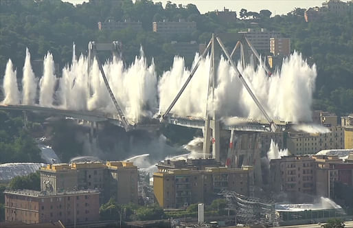 The remaining stumps of the doomed Morandi Bridge came down within seconds this morning.