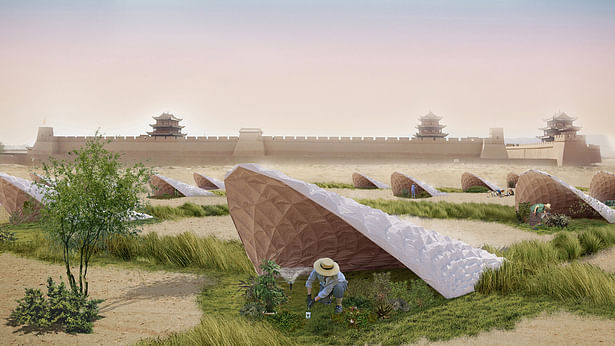 G-Shell / Jiayuguan, China G-Shell is a modular pod encountering soil erosion and increasing the efficiency of revegetation. It is inspired by the natural form of sand dunes shaped by the wind. The inner space is sheltered and provides suitable conditions for replantation. As the structure and shell are 3D-printed with sand and salt, G-Shell fabricates ‘well’ and ‘dwell’ with the resources available locally. © 2018, Peter Ruge Architekten