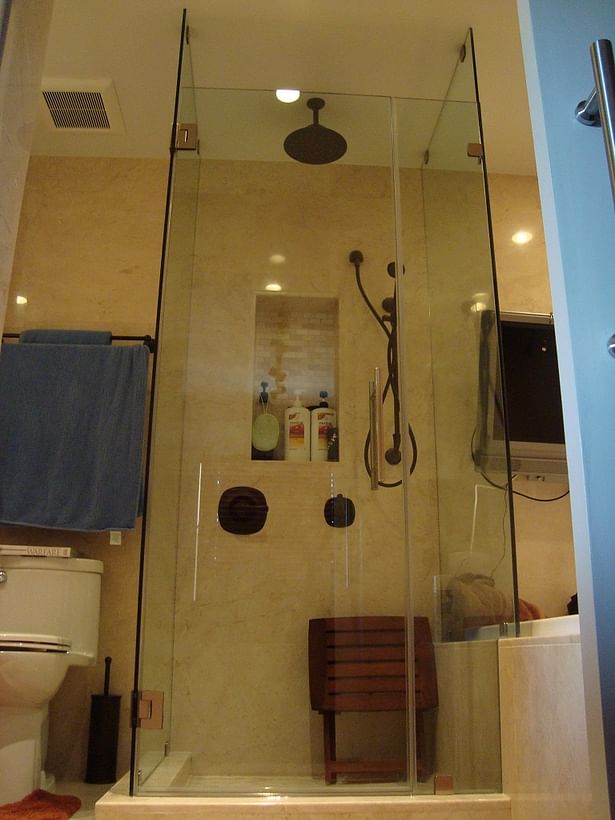 Glass Shower Enclosure with a Stainless Steel Door Handle.