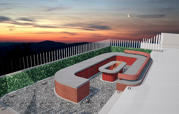 Monolithic bench with wooden backrest and fire pit at lookout point. 