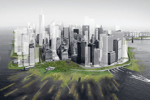 A rendering of a plan for Lower Manhattan with tidal marshes and wetlands that could absorb storm surges, created by the Architecture Research Office and dlandstudio. Image credit: Architecture Research Office and dlandstudio