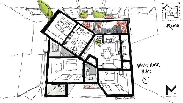 Concept sketch of the open plan apartment. 