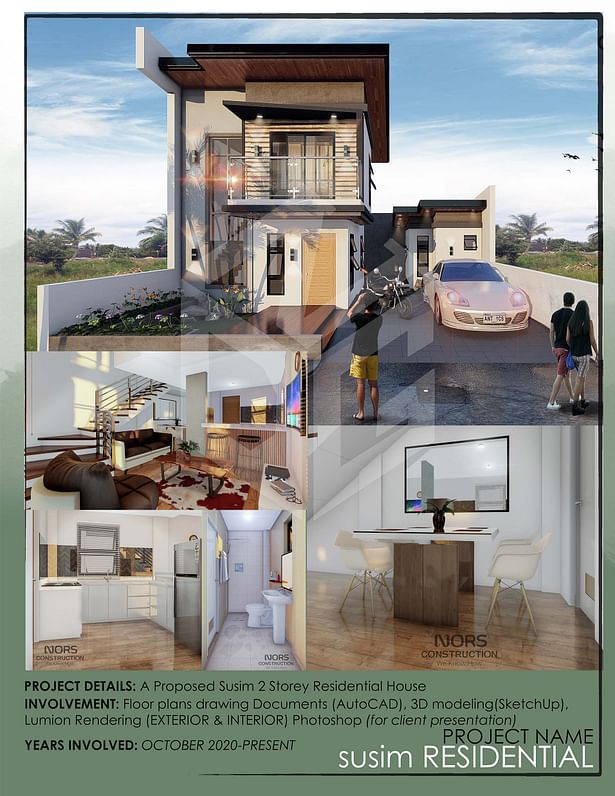 A Proposed Susim 2 Storey Residential House Architect: Neil Dharel C. Gabi Company: Nors Construction As the architect on this project, I am involved in every stage of the proposed residential development. This encompasses meeting with the client, conducting site inspections, taking site measurements, analyzing lot contours, and progressing to the planning stage using sketches. I utilize AutoCAD for the creation of detailed floor plans, SketchUp for 3D modeling, and Lumion for rendering...