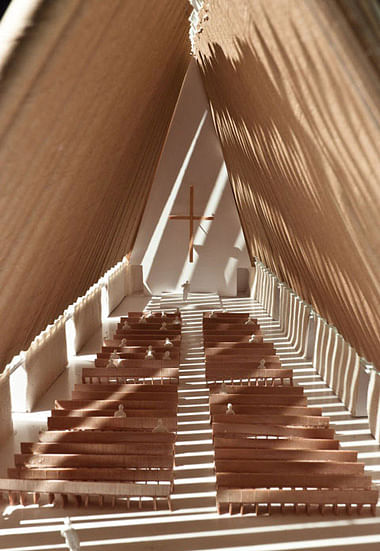 A model of the Cardboard Cathedral's interior.