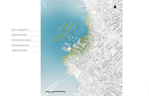 Site plan showing integration of storm surge barriers, floating desalination plants, water transit station, floating neighborhood, and amphibious manufacturing incubator.