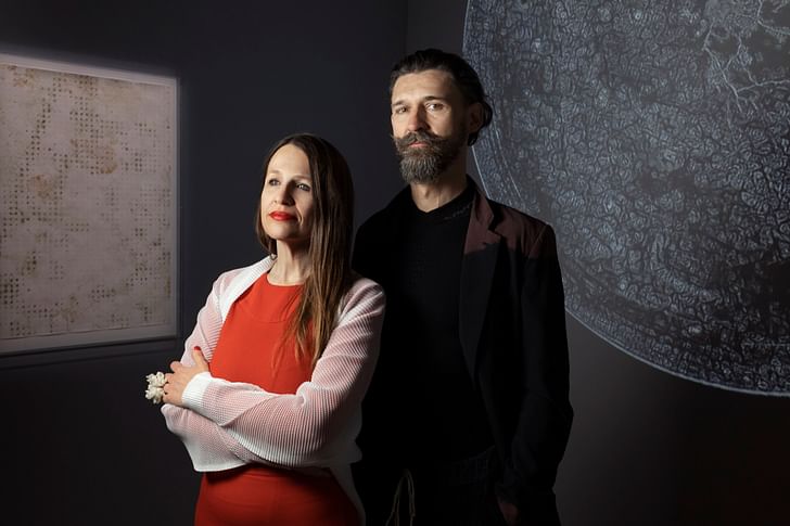 Claudia Pasquero and Marco Poletto with 'GAN-Physarum, la dérive numérique,' Réseaux-Mondes exhibition at Centre Pompidou. Image credit: NAARO