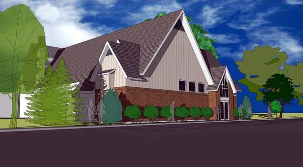 SketchUp rendering of addition and pitched roof retrofit