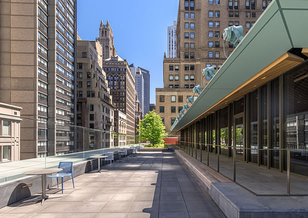 An L-shaped roof terrace runs above the 40th Street and Fifth Avenue facades and includes a roof garden and an adjacent indoor café. Image copyright by Max Touhey