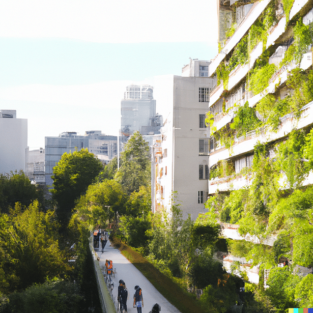 The Petite Ceinture, above rail line, green spreading to the surrounding buildings. Software: Ai and Photoshop