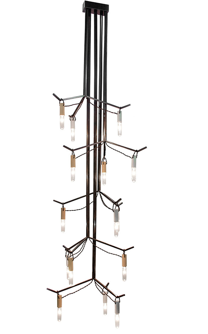 cylinder series – chandelier : concrete & wood cylindrical sockets, fabric covered wires & powder-coated steel.