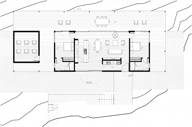 The fully custom home plan featuring two bedrooms, open living / kitchen / dining space, and tons of outdoor space overlooking the view to the Delaware River.