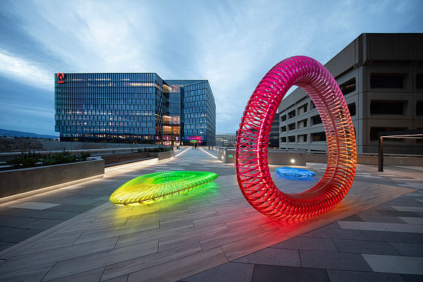 The project’s second phase included a trio of bubbly benches that light up like lanterns at night