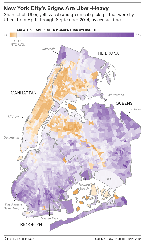 A map showing Uber usage along the edges of New York City. Credit: Reuben Fischer-Baum for Five Thirty Eight