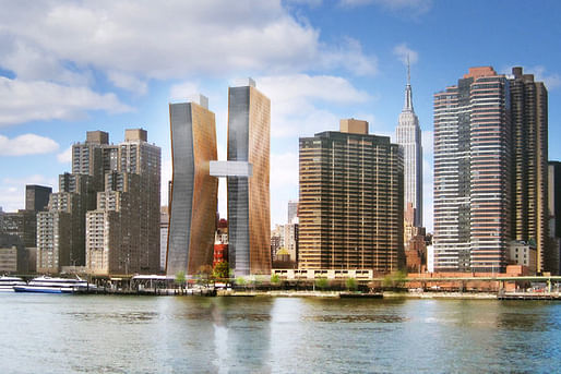 GOING UP A pair of rental towers, clad in copper and glass, will rise along the East River on a site that has sat empty for more than a decade. The buildings will be connected by a sky bridge. 
