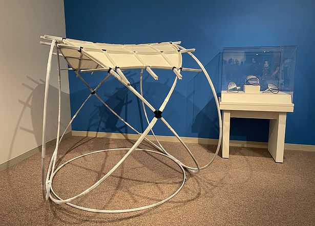 The "MycoKnit" gridshell structure, composed of fiberglass tent poles and industrial knit panels that have mycelium grown on them, in the “Knitting Beyond the Body” exhibition at the Kent State University Museum. Credit: Benay Gürsoy / Penn State. All Rights Reserved.