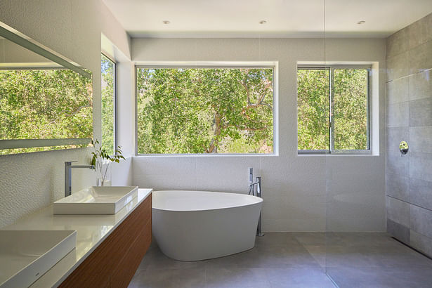 Wrap around windows in the master bath enhance the treehouse feel