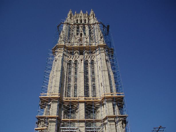 Pipe scaffolding around spire