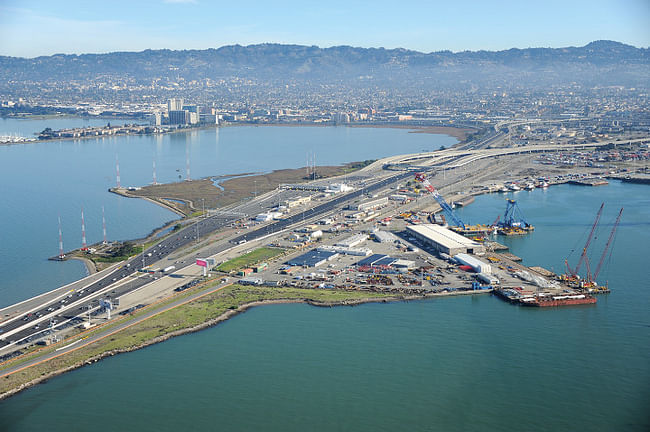 Aerial view of the east landing of the Bay Bridge, before the opening of the new span. Photo- CLUI