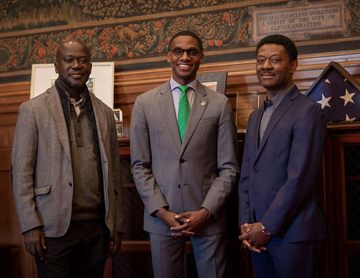 Architect David Adjaye, Cleveland Mayor Justin Bibb, and Bedrock CEO Kofi Bonner (from left). Image: Bedrock.