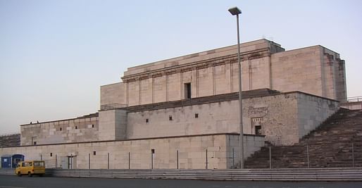 The decaying Zeppelin Field grandstand in 2004. Photo: Stefan Wagner, Wikipedia