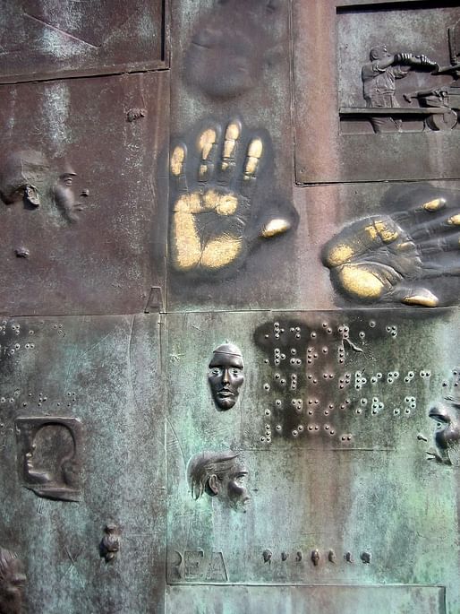 Braille inscriptions at the FDR Memorial in Washington D.C. However, the inscriptions are placed too high up for most people to reach. Photo via.
