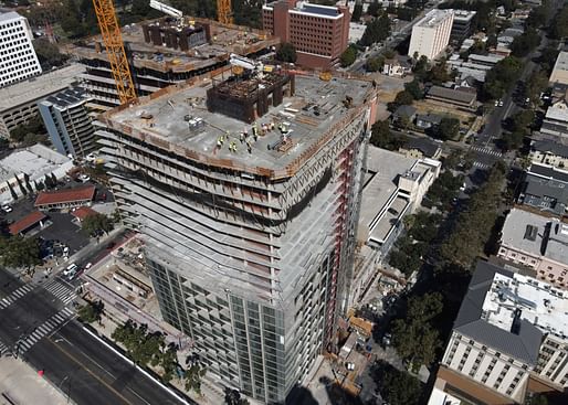 Aerial view of the towers' topping out. All images courtesy of Bayview Development Group.