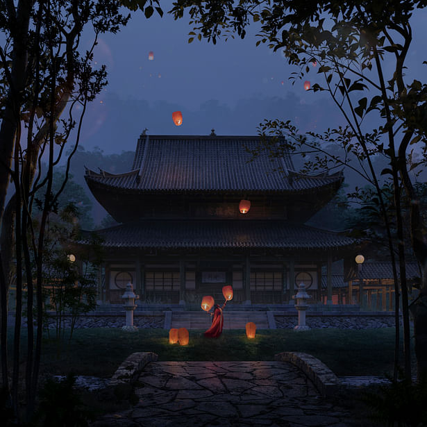 Pagoda in evening with flying paper lanterns