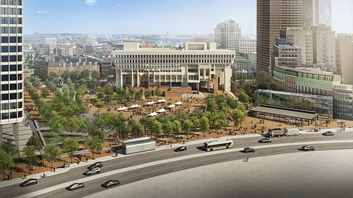 Aerial rendering of the Sasaki-designed Boston City Hall Plaza Renovation project. Image courtesy Sasaki.