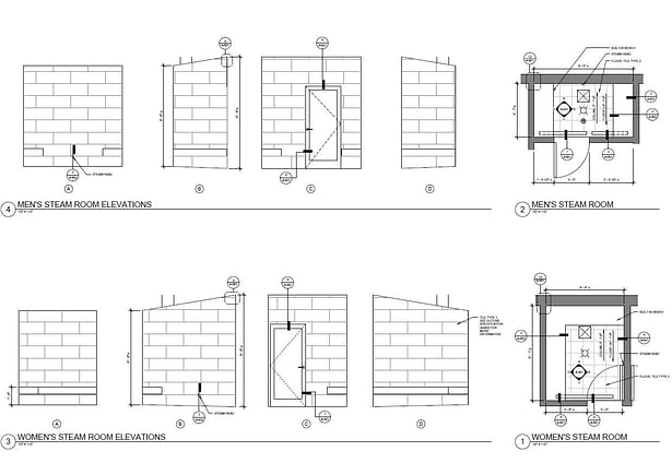 Floor plan and elevations of the steam rooms. 