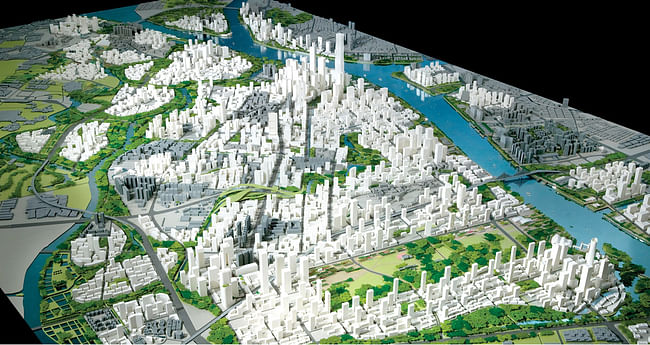 The Baietan Master Plan envisions a sustainability-integrated city with over 740,000 residents and 660,000 employees situated on the banks of the Pearl River in Central Guangzhou, China. (Image: SOM | © Gerald Ratto)