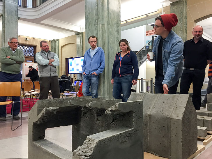 Concrete Workshop Review in Slocum Hall with Siebe Bakker from Bureau Bakker and Gregor Zimmermann from G.tecz Engineering, Kassel, Germany. Image courtesy of Syracuse Architecture.