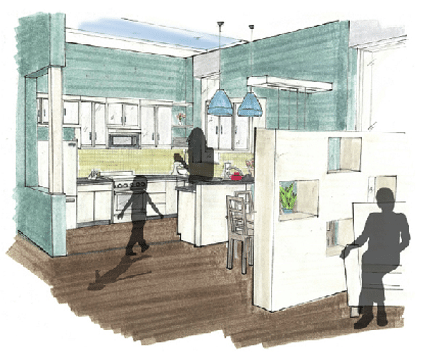 Hand Rendering of Kitchen and Dining Area