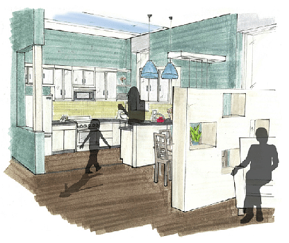 Hand Rendering of Kitchen and Dining Area