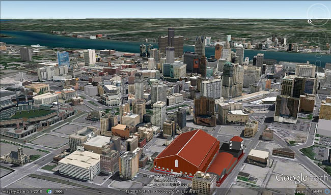 Rendering of an unofficial Detroit Red Wings hockey arena proposal: 'The Old Red Barn - Reborn. New Olympia Stadium in Downtown Detroit. The goal would be to create a 'Camden Yards' of hockey, working off an expanded and improved version of the Olympia seating bowl but with better concourses, amenities, accessibility, luxury suites and club seating. The exterior would be a very close replica of the original, with the white marquee and bold black lettering, similar brickwork, and a Red Wings...