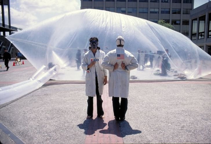 Members of Ant Farm outside of one of their inflatable structures. Image via Carnegie Mellon University.